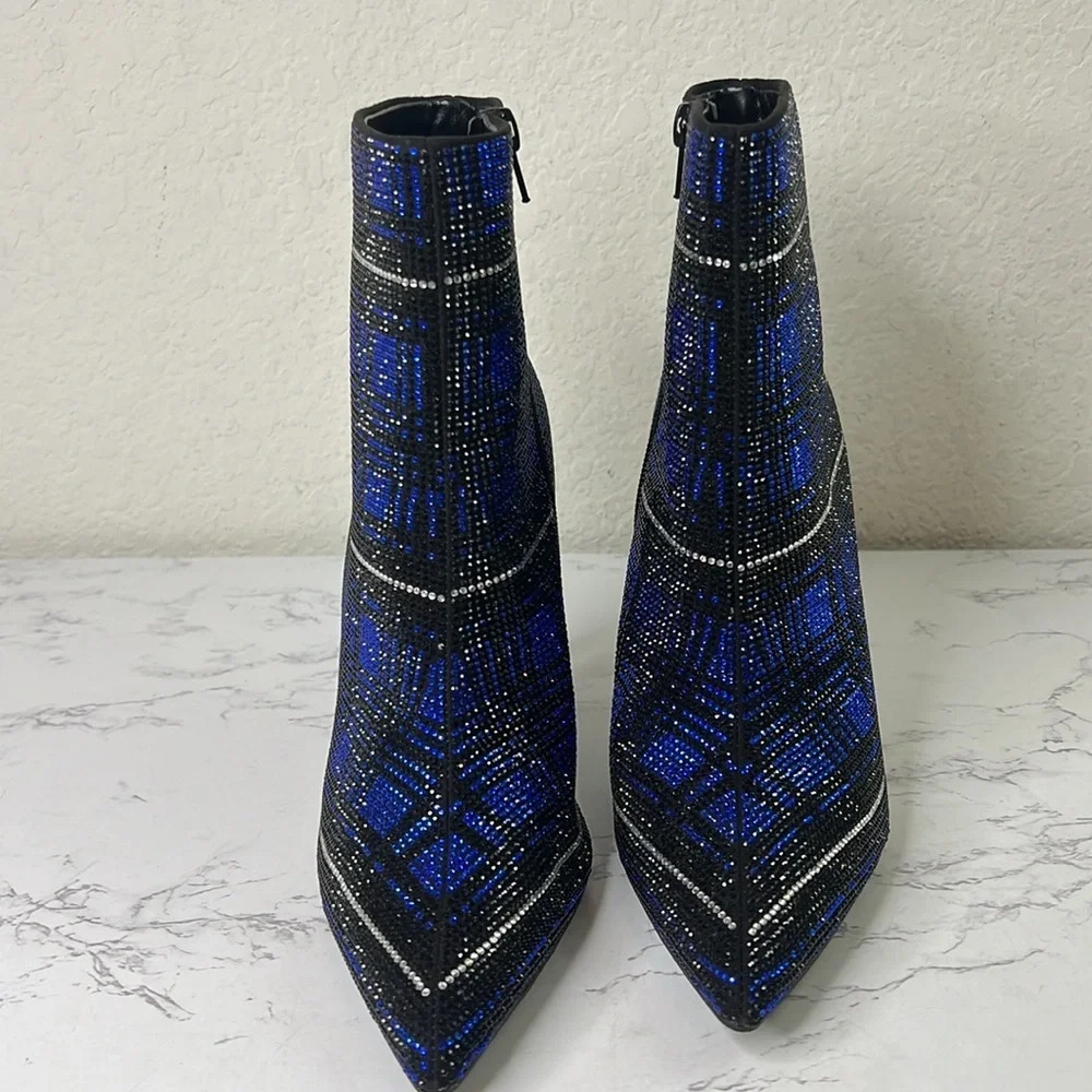 INC-  Blue Plaid Rhinestone Reisa Pointed Toe Stiletto Dress Booties - Picture 4 of 11